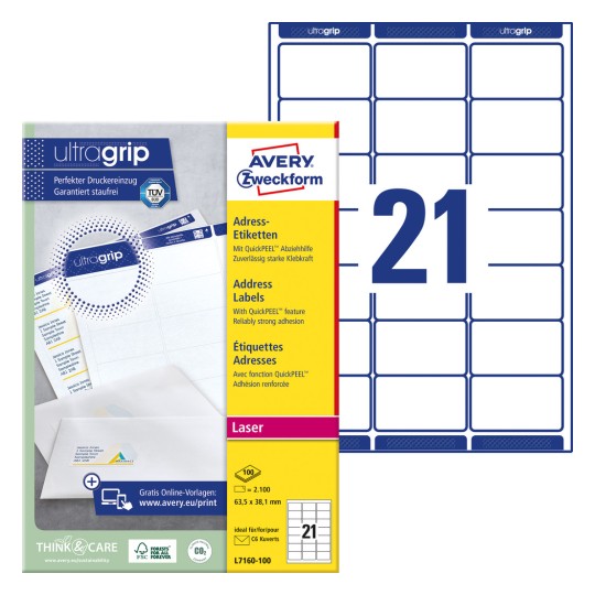 Imagine cutiei cu foi de etichete: Avery Zweckform Etichete de adresă, Articol: L7160-100, Format: 63,5 x 38,1 mm, Potrivit pentru imprimantă: Laser alb-negru, Laser color, Conținut: 2.100 etichete / 100 foi, 21 etichete/foaie.