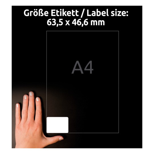 Comparație de dimensiuni cu mâna, articol: L7161-100, o foaie de etichete de adresă, format: 63,5 x 46,6 mm, culoare: alb?