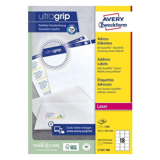 Imagine de ambalaj: Etichete albe de adresă Avery Zweckform pentru imprimante laser, Articol: L7161-100, Format: 63,5 x 46,6 mm, Compatibilitate cu imprimanta: laser monocrom și color, Conținut: 1.800 de etichete / 100 coli, 18 etichete/coală.