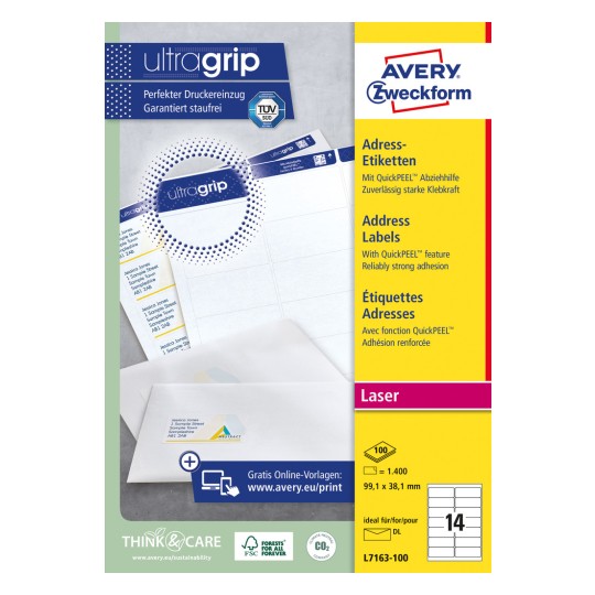 Imagine pachet: Avery Zweckform Etichete albe de adresă pentru imprimante laser, Articol: L7163-100, Format: 99,1 x 38,1 mm, Potrivire imprimantă: laser alb-negru, laser color, Conținut: 1.400 de etichete / 100 de coli, 14 etichete/coală?