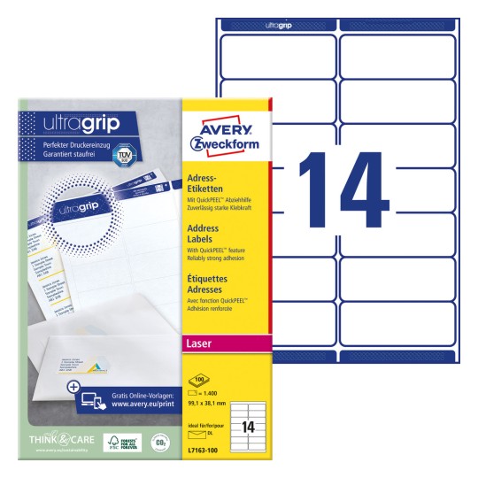 Imagine pachet cu foaie de etichete: Etichete adrese Avery Zweckform, Articol: L7163-100, Format: 99,1 x 38,1 mm, Adecvare pentru imprimante: Laser alb-negru, Laser color, Conținut: 1.400 etichete / 100 foi, 14 etichete/foaie.