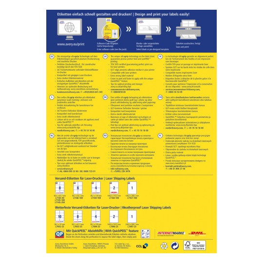 Imaginea afișează informații despre tehnologia de imprimare a etichetelor Avery, inclusiv caracteristici, beneficii și specificații în mai multe limbi. Promovează caracteristica QuickPEEL pentru o aplicare ușoară a etichetelor și oferă detalii de contact pentru serviciul clienți.