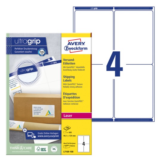 Imagine ambalaj cu foi de etichete: etichete de expediere Avery Zweckform, articol: L7169-100, format: 99,1 x 139 mm, compatibilitate cu imprimante: laser alb-negru, laser color, conținut: 400 etichete / 100 foi, 4 etichete/foaie.