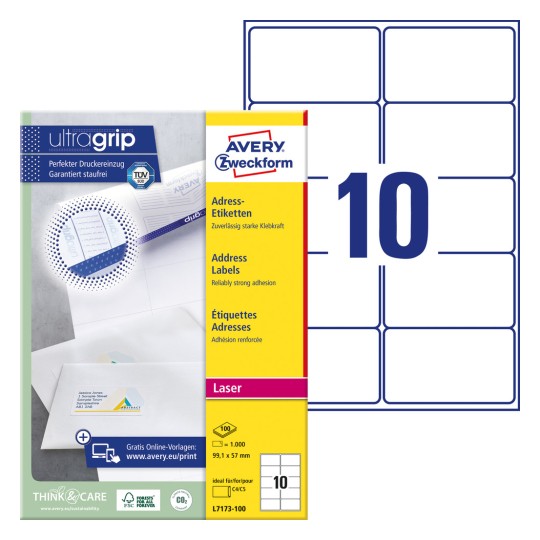 Ilustrație de ambalaj cu foaie de etichete: Etichete de adresă Avery Zweckform, Articol: L7173-100, Format: 99,1 x 57 mm, Compatibilitate imprimantă: Laser alb-negru, Laser color, Conținut: 1.000 etichete / 100 foi, 10 etichete/foaie.