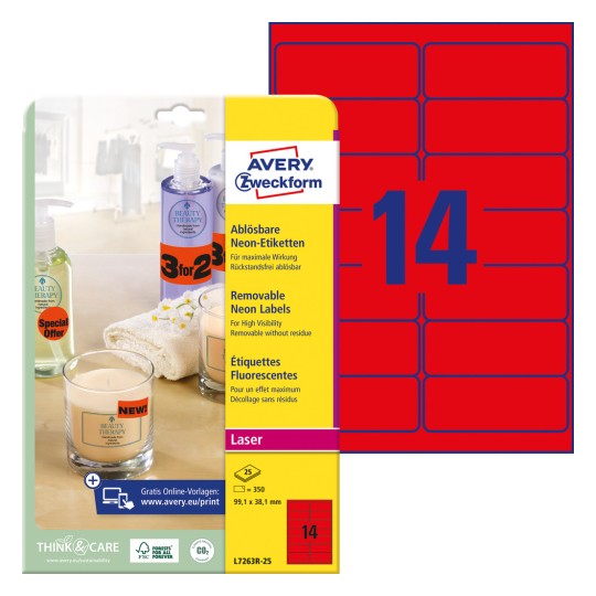 Imagine de ambalaj cu coală de etichete: Etichete Avery Zweckform în culori speciale, Articol: L7263R-25, Format: 99,1 x 38,1 mm, Potrivit pentru imprimante: Laser alb-negru, laser color, Conținut: 350 de etichete / 25 coli, 14 etichete/coală.
