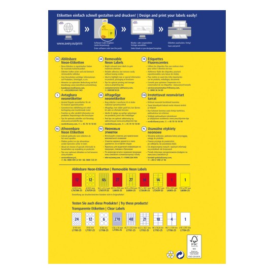 Imaginea prezintă o colecție de etichete neon detașabile, împreună cu instrucțiuni despre cum să le proiectezi și să le tipărești ușor. Aceasta include diverse dimensiuni ale etichetelor, designuri colorate și suport multilingv.