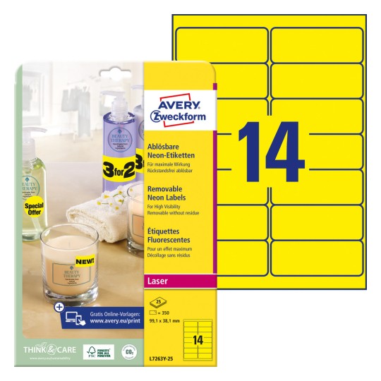 Imagine pachet cu foi de etichete: Etichete Avery Zweckform în culori speciale, Articol: L7263Y-25, Format: 99,1 x 38,1 mm, Potrivit pentru imprimare: Laser alb-negru, laser color, Conținut: 350 de etichete / 25 foi, 14 etichete/foaie.
