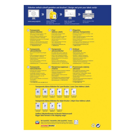 Imaginea este un pliant promoțional pentru etichetele de adresă transparente Avery, care include instrucțiuni de imprimare, specificații ale produsului și detalii de asistență pentru clienți în mai multe limbi. Include informații despre formatele etichetelor pentru imprimantele laser și cu jet de cerneală și evidențiază caracteristica QuickPEEL pentru îndepărtarea ușoară a etichetelor.