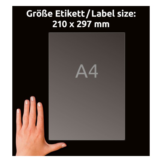 Comparare de dimensiuni cu mâna, articol: L7567-25, o foaie de etichete pentru expediere, format: 210 x 297 mm, culoare: transparent?