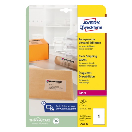 Imaginea ambalajului: Avery Zweckform Etichete transparente de expediere, pentru imprimante laser, Articol: L7567-25, Format: 210 x 297 mm, Potrivire pentru imprimantă: Laser alb-negru, Laser color, Conținut: 25 etichete / 25 coli, 1 etichetă/coală.
