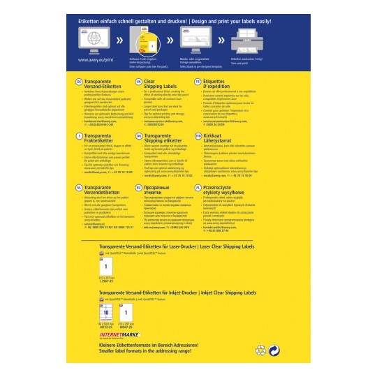 Imaginea prezintă un pliant promoțional pentru etichetele de expediere transparente Avery. Include instrucțiuni în mai multe limbi și evidențiază compatibilitatea cu imprimantele laser și inkjet. Există diverse opțiuni de etichete și șabloane pentru un design și o imprimare ușoară.