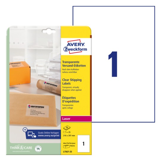 Imaginea ambalajului cu foaie de etichete: Avery Zweckform etichete de expediere, Articol: L7567-25, Format: 210 x 297 mm, Compatibilitate imprimantă: Laser alb-negru, laser color, Conținut: 25 etichete / 25 foi, 1 etichetă/foaie.