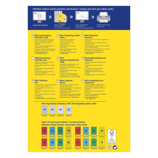 Imaginea conține informații despre etichetele mini de organizare, inclusiv instrucțiuni de imprimare, șabloane de design și detalii despre produse în mai multe limbi. Include specificații pentru diverse dimensiuni de etichete și utilizările acestora.