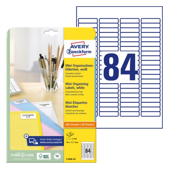 Imagine cutiei cu set de etichete: Avery Zweckform Mini-Organisations-Etiketten, Articol: L7656-25, Format: 46 x 11,1 mm, Adecvare pentru imprimantă: Inkjet, Laser alb-negru, Laser color, Conținut: 2.100 etichete / 25 coli, 84 etichete/coală.