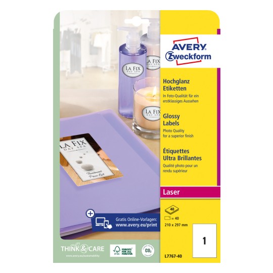Imagine ambalaj: Avery Zweckform etichete lucioase, Articol: L7767-40, Dimensiuni: 210 x 297 mm, Potrivit pentru imprimantă: Laser alb-negru, laser color, Conținut: 40 etichete / 40 foi, 1 etichetă/foaie?