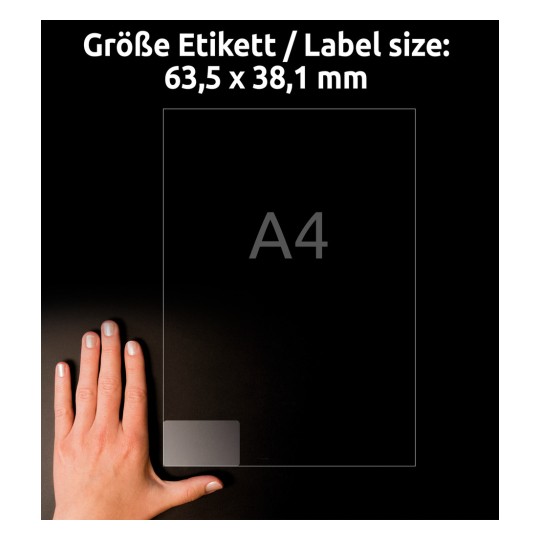 Comparație de dimensiuni cu mâna, articol: L7782-25, o coală de etichete transparente, format: 63,5 x 38,1 mm, culoare: transparent?