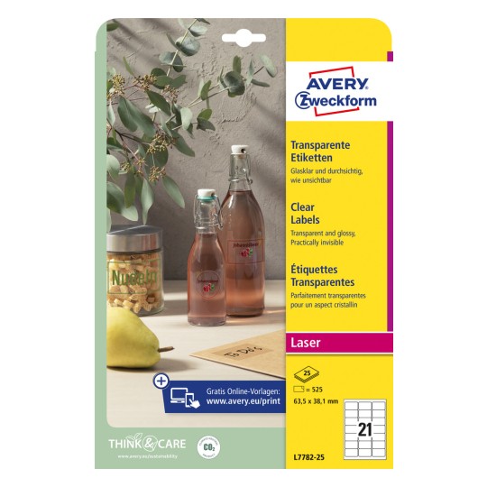 Imagine pachet: Avery Zweckform Etichete transparente, Articol: L7782-25, Format: 63,5 x 38,1 mm, Potrivit pentru imprimare: Laser alb-negru, laser color, Conținut: 525 etichete / 25 foi, 21 etichete/foaie