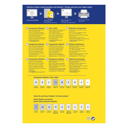 Imaginea este o reclamă pentru etichetele clare și transparente de la Avery, detaliind caracteristicile produsului, rezistența la temperatură și sfaturi pentru imprimare și depozitare optimă, prezentate în mai multe limbi, cu mărimile produselor afișate.