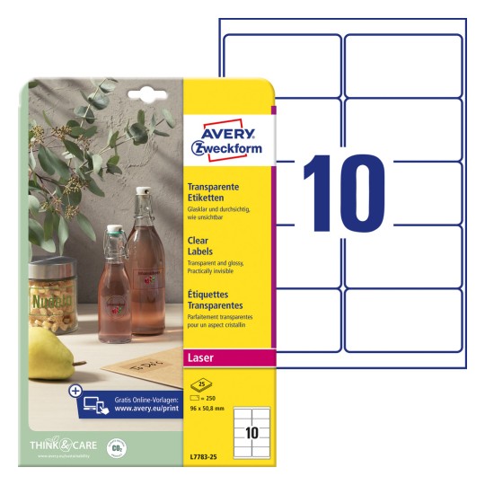 Imaginea ambalajului cu seturi de etichete: Avery Zweckform Etichete transparente, Articol: L7783-25, Format: 96 x 50,8 mm, Potrivit pentru imprimante: Laser alb-negru, Laser color, Conținut: 250 etichete / 25 foi, 10 etichete/foaie.