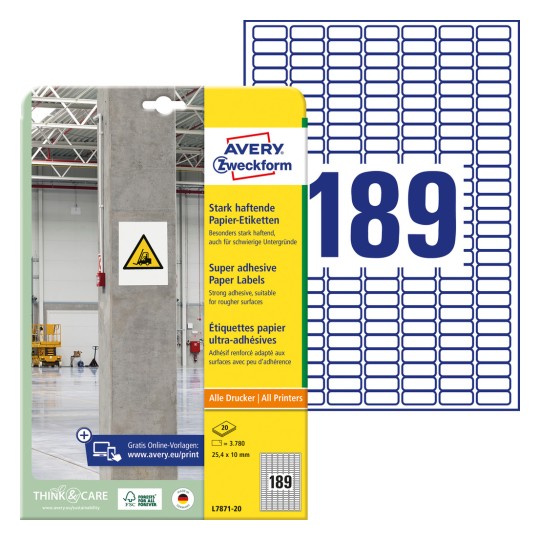 Imagine cutiei cu foaie de etichete: Avery Zweckform Etichete din hârtie cu aderență puternică, Articol: L7871-20, Format: 25,4 x 10 mm, Compatibilitate imprimantă: Inkjet, Laser alb-negru, Laser color, Conținut: 3.780 etichete / 20 foi, 189 etichete/foaie.