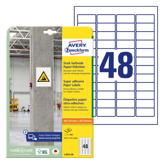 Imagine de ambalaj cu foaie de etichete: Avery Zweckform Etichete de hârtie cu aderență puternică, Articol: L7873-20, Format: 45,7 x 21,2 mm, Potrivire pentru imprimare: Inkjet, Laser alb-negru, Laser color, Conținut: 960 etichete / 20 foi, 48 etichete/foaie.