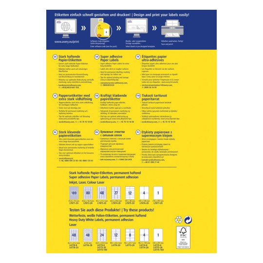Imaginea prezintă diverse etichete disponibile pentru imprimare, cu diferite stiluri și dimensiuni alături de instrucțiuni de utilizare și sfaturi de design în mai multe limbi.