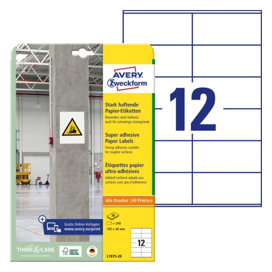 Imagine pachet cu foaie etichetă: Avery Zweckform Etichete de hârtie cu aderență puternică, Articol: L7875-20, Format: 105 x 48 mm, Compatibilitate imprimantă: Inkjet, Laser alb-negru, Laser color, Conținut: 240 etichete / 20 coli, 12 etichete/coală.