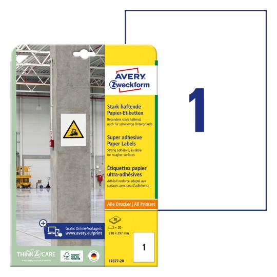 Imagine cu etichete de pe ambalaj: etichete de hârtie cu aderență puternică Avery Zweckform, articol: L7877-20, format: 210 x 297 mm, compatibilitate imprimantă: Inkjet, Laser alb-negru, Laser color, conținut: 20 de etichete / 20 coli, 1 etichetă/coală.