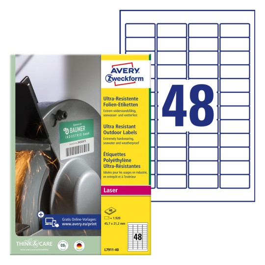 Imagine pe ambalaj cu foaie de etichete: Avery Zweckform Etichete ultra-rezistente din folie, Articol: L7911-40, Format: 45,7 x 21,2 mm, Potrivit pentru imprimante: laser alb-negru, laser color, Conținut: 1.920 etichete / 40 foi, 48 etichete/foaie.