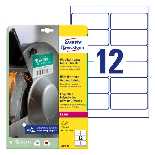 Imaginea ambalajului cu coli de etichete: Avery Zweckform Etichete ultra-rezistente din folie, Articol: L7913-10, Format: 99,1 x 42,3 mm, Potrivite pentru imprimante: laser alb-negru, laser color, Conținut: 120 de etichete / 10 coli, 12 etichete/coală.