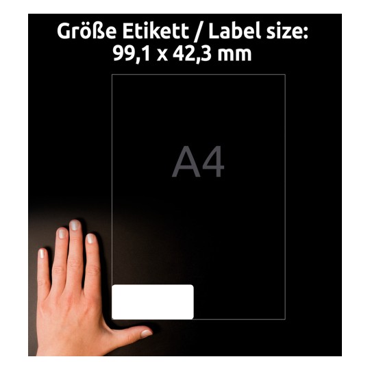 Comparație de dimensiuni cu mâna, Articol: L7913-40, o coală de etichete ultra-rezistente, format: 99,1 x 42,3 mm, culoare: albă?