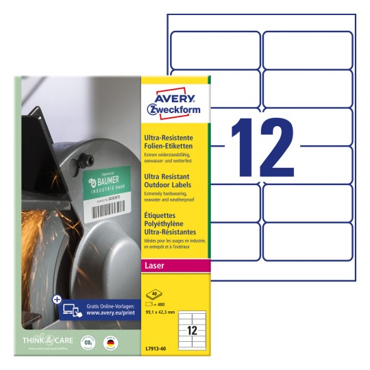 Imaginea ambalajului cu set de etichete: Avery Zweckform Etichete pe folie ultra-rezistente, Articol: L7913-40, Format: 99,1 x 42,3 mm, Compatibilitate: imprimante laser alb-negru, imprimante laser color, Conținut: 480 de etichete / 40 coli, 12 etichete/coală.