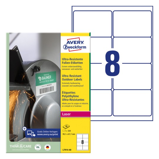 Imagine pachet cu foaie de etichete: Avery Zweckform Etichete ultra-rezistente din folie, Articol: L7914-40, Format: 99,1 x 67,7 mm, Potrivite pentru imprimante: laser alb-negru, laser color, Conținut: 320 de etichete / 40 de foi, 8 etichete/foaie.