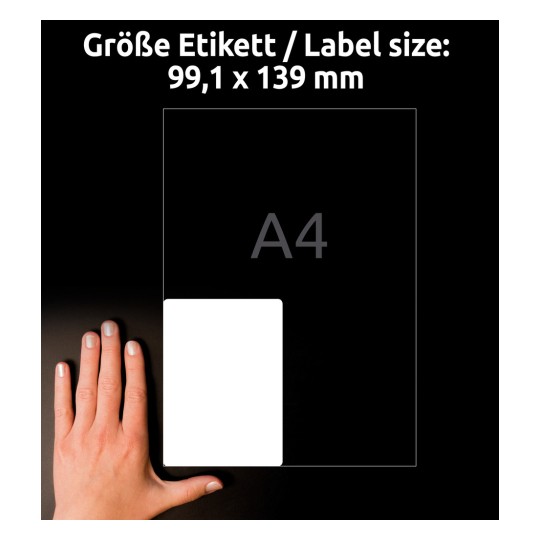 Comparație de mărime cu mâna, Articol: L7915-10, o coală de etichete din folie ultra-rezistentă, Format: 99,1 x 139 mm, Culoare: alb?