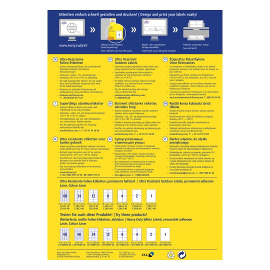 Imaginea prezintă o varietate de etichete potrivite pentru diferite aplicații în aer liber, subliniind durabilitatea și rezistența lor la factori de mediu. De asemenea, include instrucțiuni pentru proiectarea și imprimarea acestor etichete prin intermediul linkurilor de pe site-ul web furnizat.