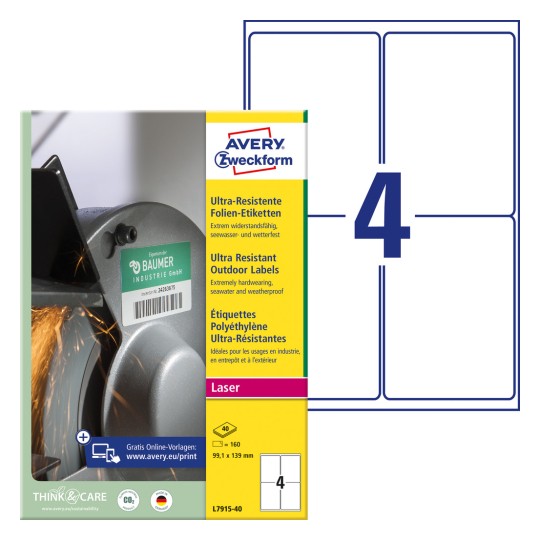 Imagine de ambalaj cu set de etichete: Avery Zweckform Etichete din folie ultra-rezistente, Articol: L7915-40, Format: 99,1 x 139 mm, Compatibilitate imprimantă: Laser alb-negru, laser color, Conținut: 160 etichete / 40 coli, 4 etichete/coală.