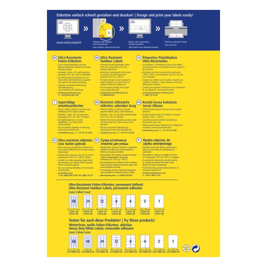 Imaginea conține informații despre etichetele ultra-rezistente pentru exterior, detaliind durabilitatea acestora, temperaturile adecvate și opțiunile de imprimare în mai multe limbi. Ea prezintă o listă de verificare a tipurilor de etichete cu dimensiunile și codurile produsului corespunzătoare.