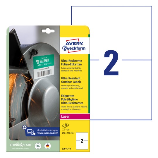 Imagine de ambalaj cu foaie de etichete: Etichete din folie ultra-rezistentă Avery Zweckform, Articol: L7916-10, Format: 210 x 148 mm, Tipărire: Laser alb-negru, Laser color, Conținut: 20 etichete / 10 foi, 2 etichete/foaie.