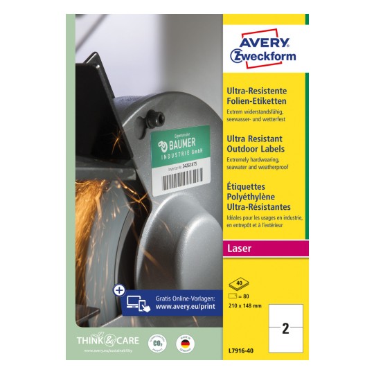 Imaginea ambalajului: Etichete rezistente pentru exterior Avery Zweckform, Articol: L7916-40, Format: 210 x 148 mm, Compatibilitate imprimantă: Laser alb-negru, laser color, Conținut: 80 de etichete / 40 coli, 2 etichete/coală.
