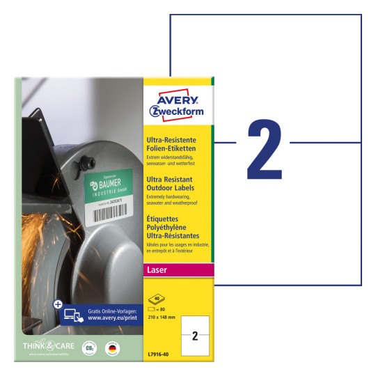 Imagine pachet cu foaie de etichete: Avery Zweckform etichete ultra-rezistente din folie, articol: L7916-40, format: 210 x 148 mm, potrivit pentru imprimante laser b/n, laser color, conținut: 80 de etichete / 40 de foi, 2 etichete/foaie.
