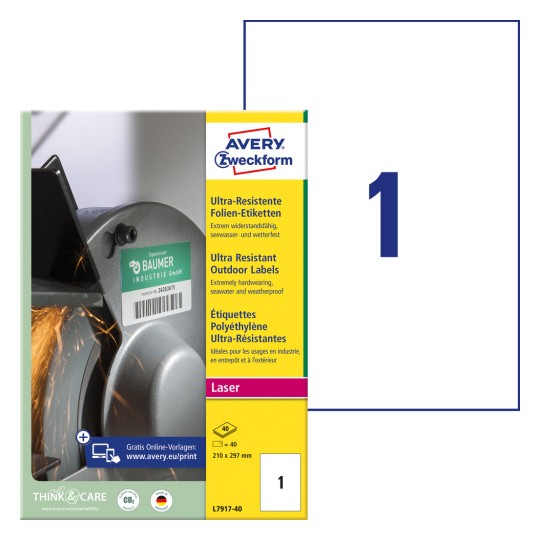 Imagine de ambalaj cu coală de etichete: Avery Zweckform Etichete ultra-rezistente din folie, Articol: L7917-40, Format: 210 x 297 mm, Potrivit pentru imprimantă: Laser alb-negru, Laser color, Conținut: 40 etichete / 40 foi, 1 etichetă/foaie?