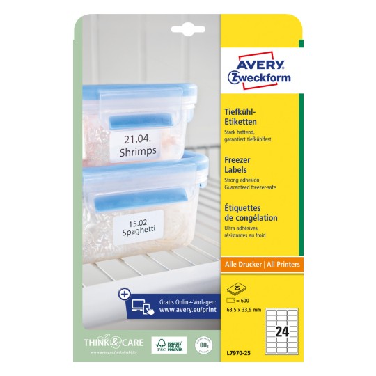 Imagine pachet: Etichete pentru congelare Avery Zweckform, Articol: L7970-25, Format: 63,5 x 33,9 mm, Compatibilitate imprimantă: Inkjet, Laser alb-negru, Laser color, Conținut: 600 etichete / 25 coli, 24 etichete/coală.