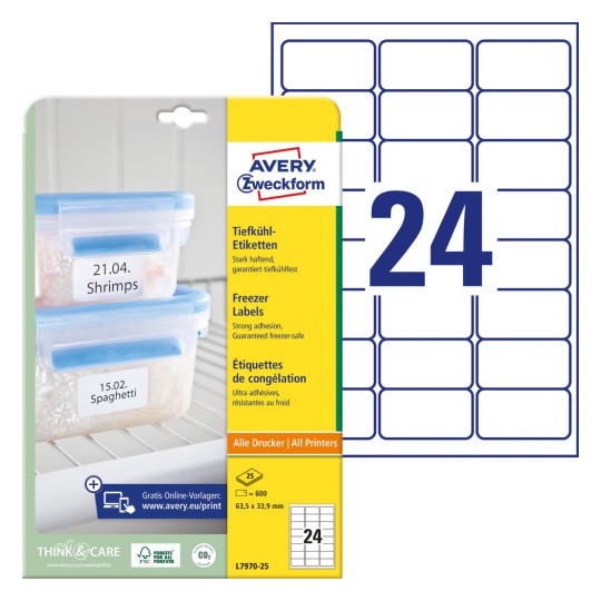 Imagine pachet și coală de etichete: Avery Zweckform Etichete pentru congelare, Articol: L7970-25, Format: 63,5 x 33,9 mm, Potrivit pentru imprimare: Inkjet, Laser alb-negru, Laser color, Conținut: 600 etichete / 25 coli, 24 etichete/coală.