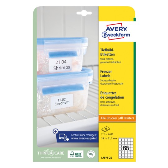 Imagine ambalaj: Etichete pentru congelator Avery Zweckform, Articol: L7971-25, Format: 38,1 x 21,2 mm, Potrivite pentru imprimante: Inkjet, Laser alb-negru, Laser color, Conținut: 1.625 etichete / 25 coli, 65 etichete/coală?