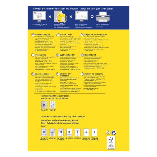 Imaginea afișează diverse etichete, inclusiv etichete pentru congelator, detaliind specificațiile acestora, temperaturile de aplicare și opțiunile de imprimare. Include etichete în mai multe limbi și listează sfaturi utile pentru utilizarea optimă.