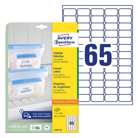 Imagine de pachet cu foaie de etichete: Avery Zweckform Etichete pentru congelator, Articol: L7971-25, Format: 38,1 x 21,2 mm, Potrivit pentru imprimare: Inkjet, Laser alb-negru, Laser color, Conținut: 1.625 etichete / 25 foi, 65 de etichete/foaie.
