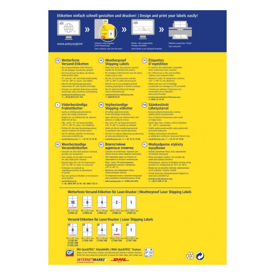 Imaginea este o reclamă multilingvă pentru etichete de transport rezistente la intemperii, concepute pentru imprimante laser. Include specificații și caracteristici ale produsului, cum ar fi informații despre material și recomandări de imprimare, în mai multe limbi, inclusiv germană, engleză și altele.