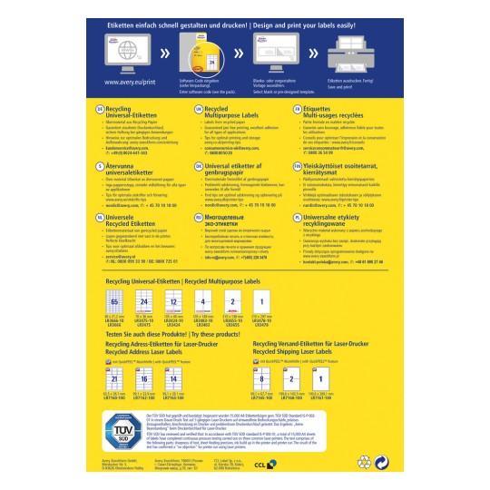 Un grafic informativ despre etichetele reciclate de la Avery. Detaliază diverse produse, sfaturi pentru imprimare și include informații în mai multe limbi, cu un layout care prezintă dimensiunile și tipurile de produse.