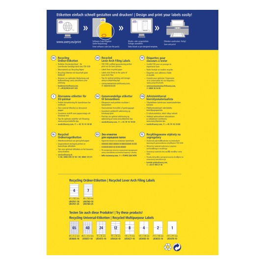 Această imagine prezintă diverse etichete pentru proiectare și imprimare, evidențiind opțiunile și specificațiile de reciclare în diferite limbi.