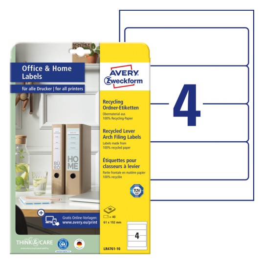 Imagine etichetelor de pachete: Etichete reciclate pentru dosare Avery Zweckform, Home Office, pachet mic, articol: LR4761-10, format: 61 x 192 mm, potrivire pentru imprimante: Inkjet, laser b/w, laser color, conținut: 40 etichete / 10 coli, 4 etichete/coală.